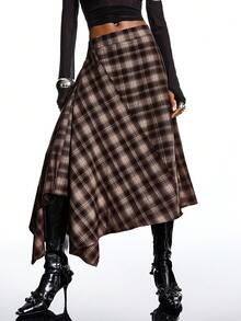 LYSMO 2025新款极简主义冬季女士棕色格子裹身不对称下摆时尚百搭半身裙，适合外出、休闲、圣诞节派对、新年等正式场合，秋季和冬季皆宜。 - 咖啡棕 - 查看 3