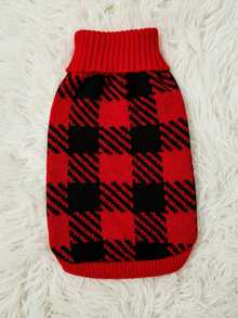 PETSIN 1 件宠物圣诞毛衣猫狗通用红黑格纹提花时尚经典弹力舒适高领保暖狗毛衣 - 彩色 - 查看 2