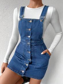 SHEIN Tall Women's Blue Waist Cinched Square Neck Sleeveless Buttoned Front Denim Dress - Medium Wash - View 3