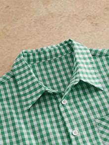 HIMLAND Men's Casual Plaid Slogan Print Short Sleeve Shirt, Summer Green Graphic Shirt Green And White Shirt Gingham Shirt Men S Boxy Shirt Plaid Shirt - Green - View 6