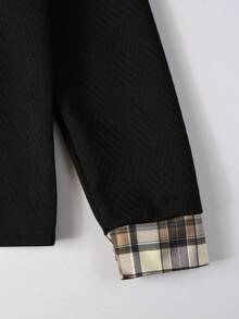 Manfinity Mode 男士长袖纹理面料拼接格子图案 Polo 衫，适合秋冬季休闲穿着和户外搭配 - 黑色 - 查看 5