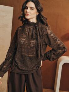 Anewsta 优雅时尚新年圣诞派对约会之夜蕾丝泡泡袖复古女式衬衫，秋冬款 - 咖啡棕 - 查看 3