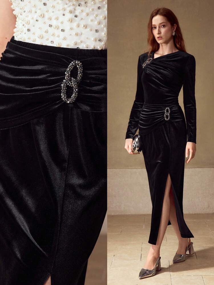 BLACK VELVET RUCHED RHINESTONE DECOR SKIRT, MINIMALIST & ELEGANT