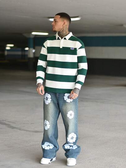 Devon Thys بنطلون جينز أزرق واسع الساق بطبعة زهرية وجيوب، طراز كاجوال فضفاض بطراز Y2K رجالي، أسلوب إيمو