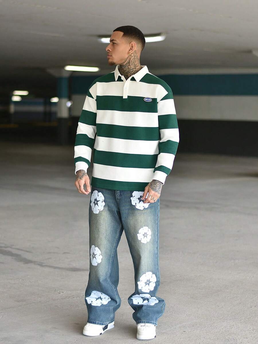 Devon Thys HEHCN 男士花卉印花口袋休闲宽松 Y2K 复古阔腿蓝色牛仔裤，Emo 风格 - 藍色 - 查看 1