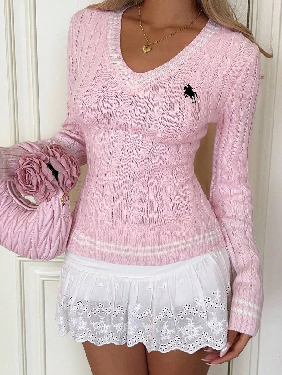 CovetEZ 女式V领长袖修身针织毛衣，带骑士图案，秋冬 - 粉色 - 查看 1