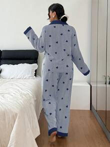 SHEIN Plus Size Contrast Color Collar Ruffle Heart Striped Long Sleeve Curve Pajamas Set Sleep Wear Women Set, Winter Clothes Wedding Valentine's Day - Blue - View 2