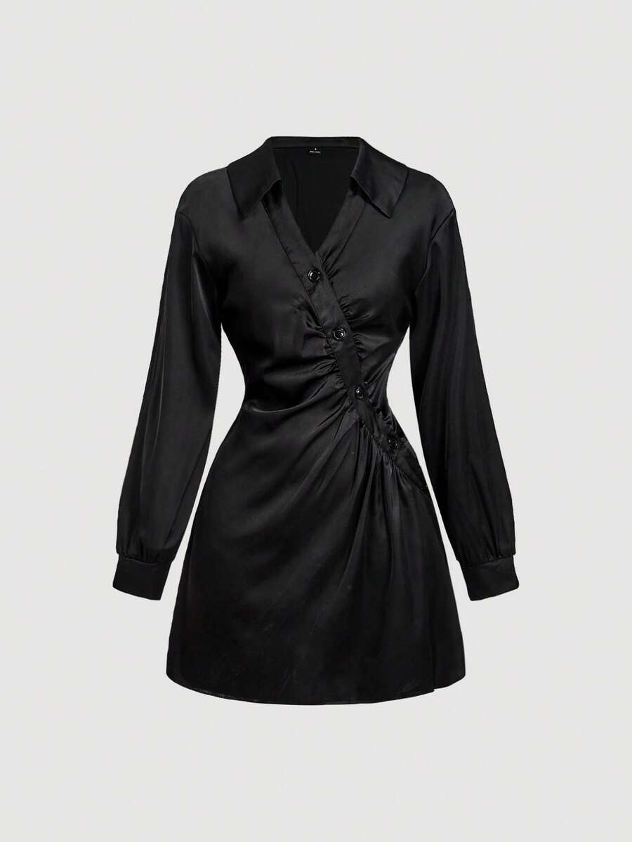 SHEIN MOD Vestido con mangas de unicolor con pliegues y envolvente frontal para damas - Negro - Ver 1