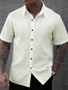 Manfinity CasualCool 男士纯色前扣短袖休闲衬衫，短袖衬衫，纽扣男士衬衫，白色男士衬衫 - 米色 - 查看 5