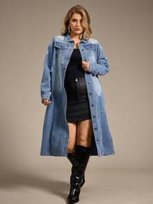 Plus 1pc Flap Pocket Ripped Denim Coat, Fall Women Clothes - Light Wash - View 3