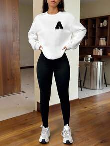 SHEIN EZwear 女士秋冬新款运动卫衣和紧身裤套装 - 黑與白 - 查看 3