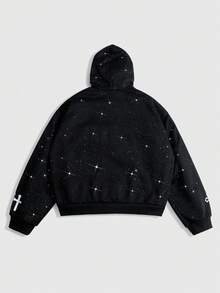 ROMWE MEN 男士连帽拉链字母十字印花宽松休闲卫衣 - 黑色 - 查看 2