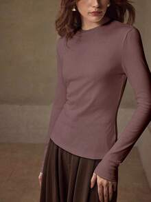 MOTF PREMIUM Áo thun nữ cổ tròn tay dài thời trang, co giãn cao, màu trơn, thân thiện với da, đa năng - Màu Hồng Tươi - Xem 4