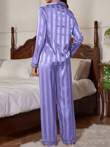 LuxeNights Striped Jacquard Faux Silk Embroidered Collar Open Front Long Sleeve Women Pajama Set - Mauve Purple - View 2