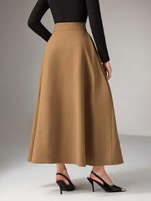 Heiryn Elegant Pleated A-Line Skirt For Commuting Khaki Skirt Women Long Brown Skirt Coffee Brown Skirt Elegant Skirt - Khaki - View 6