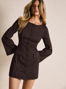 Poéselle Váy ngắn kẻ sọc cài nút phía trước thời trang thu đông dành cho nữ - Cà phê nâu - Xem 3