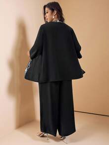 SHEIN LUNE 三件套亮片拼接无袖上衣、七分袖外套和裤子，大码派对套装 - 黑色 - 查看 4