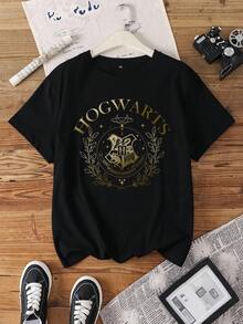 HARRY POTTER X SHEIN 大码字母与标志图案圆领短袖T恤 - 黑色 - 查看 1