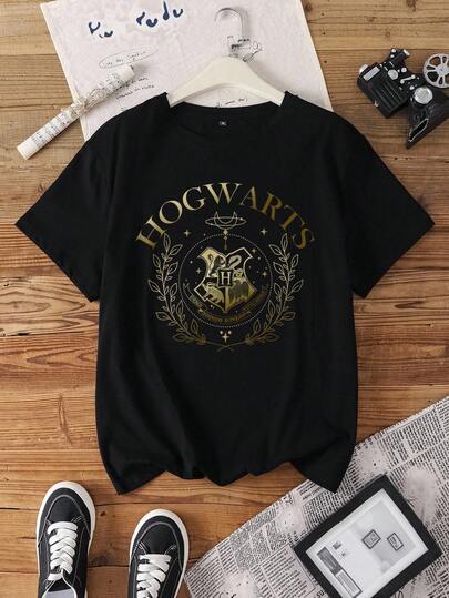 HARRY POTTER X SHEIN 大码字母与标志图案圆领短袖T恤