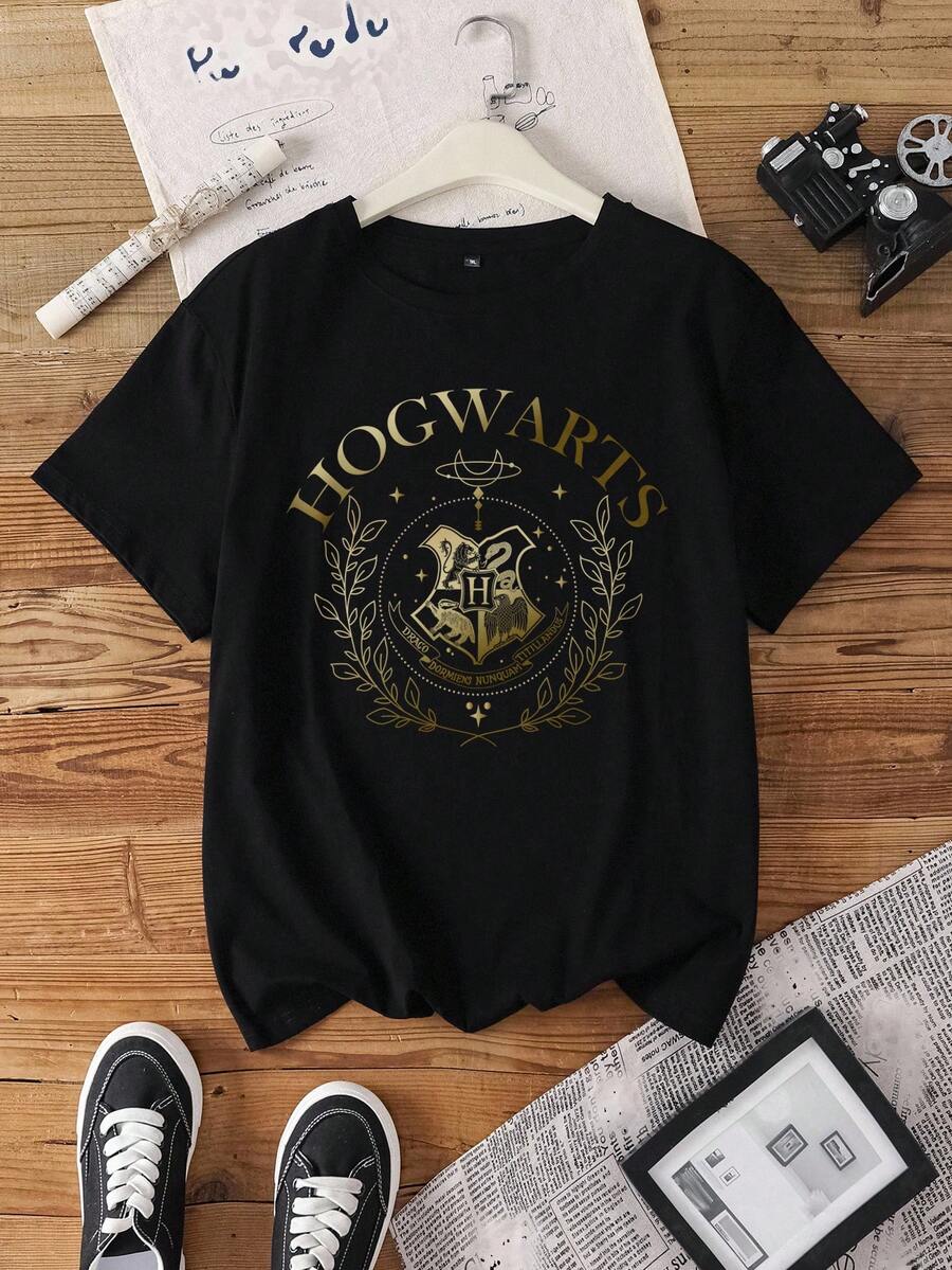 HARRY POTTER X SHEIN 大码字母与标志图案圆领短袖T恤 - 黑色 - 查看 1