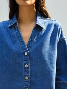 Maija Women's Dark Blue Denim Blouse, 3/4 Sleeve, Urban Commute Business Casual, Office Wear, Elegant For Christmas, New Year Party