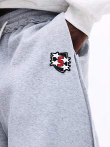 SUMWON 宽松褶皱运动裤，饰有品牌标志刺绣，休闲舒适，抽绳设计，抓绒面料，冬季居家休闲服，纯色款 - 灰色 - 查看 7