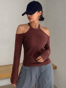 DAZY 女士秋季简约纯色露肩修身长袖T恤 - 酒紅色 - 查看 4