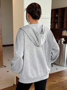 SHEIN EZwear 女士保暖内衬灰色连帽拉链运动衫，适合秋冬季 - 灰色 - 查看 2