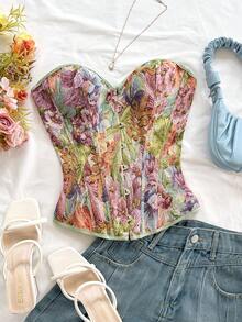 Soleia 女士复古宫廷风彩色花卉提花印花抹胸露脐上衣，带纽扣和后系带 - 彩色 - 查看 3
