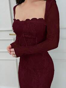 Jemour 女士秋冬新款派对/约会夜/晚会性感 S 形蕾丝长袖紧身胸衣式圆领修身长裙，黑色 - 酒紅色 - 查看 3