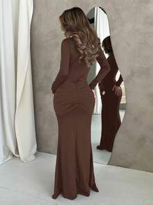Jemour 秋冬新品女士连衣裙棕色秋季女士连衣裙圣诞派对礼服新年前夜感恩节假期长款商务休闲优雅新年服装拍摄连衣裙性感时尚风格茶会礼服 - 咖啡 - 查看 3