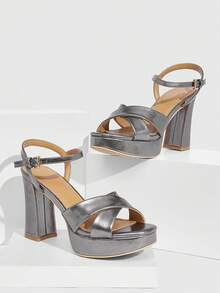 CUCCOO SZL 女士时尚优雅通勤银色防水厚底高跟凉鞋 - 淺灰色 - 查看 3