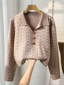 女士V领长袖毛衣，百搭设计，金属纽扣点缀，人字纹图案，棕色，休闲日常穿着 - 棕色 - 查看 6