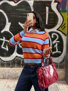 SHEIN Unity Casual Vintage Colorblock Striped Hooded Sweater, Autumn/Winter, New Year , Christmas Looks - Multicolor - View 4