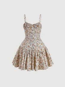 SHEIN MOD Ditsy Floral Print Ruched Bust Ruffle Hem Cami Dress,Sun Dress - Multicolor - View 2