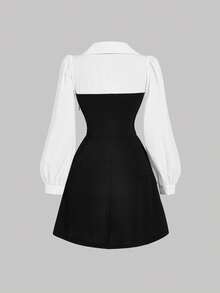 SHEIN MOD 女士秋季翻领长袖收腰撞色A字优雅连衣裙，返校季，秋季连衣裙，外出装扮，教师装，白色长袖连衣裙，格纹粗花呢优雅连衣裙，返校节礼服