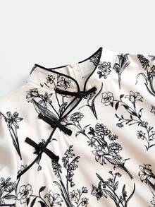 SHEIN MOD 收腰女士黑白碎花中国风泡泡袖短款连衣裙，职业装，塑身连衣裙 - 彩色 - 查看 6