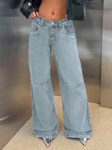 EURMUSE RueChic Low Waist Wide Leg Special Wash Jeans - Baby Blue - View 1