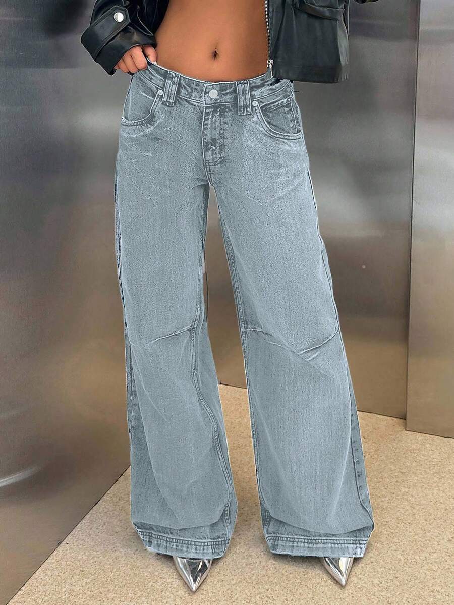 EURMUSE RueChic Low Waist Wide Leg Special Wash Jeans - Baby Blue - View 1