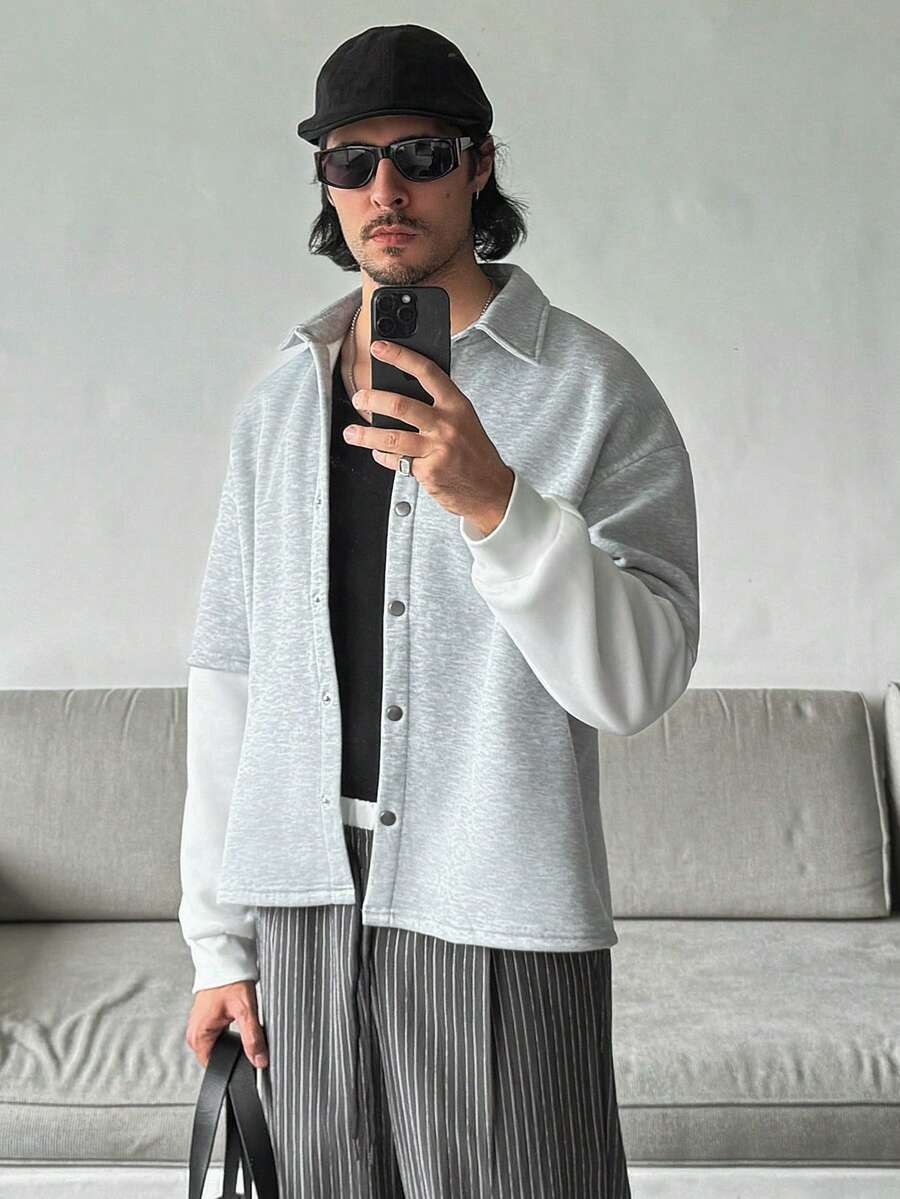 HUEFORM 男士休闲撞色拼接二合一衬衫，保暖内衬拼接设计卫衣，冬季男士必备 - 彩色 - 查看 1