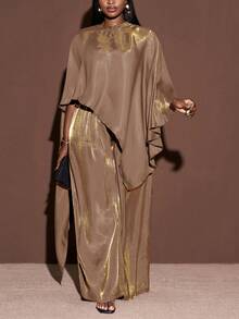 Veslaya 2025新款加大码女装冬季亮面面料斗篷式上衣宽松长裤两件套，适合圣诞节/新年/派对/展现女性优雅气质/闪亮两件套/感恩节/正式场合穿着 - 藕粉色 - 查看 8