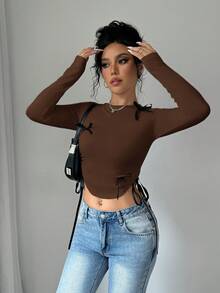 Selianne 女士休闲长袖T恤，侧边抽绳设计，春季女式上衣 - 棕色 - 查看 6