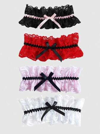 Kawaii 1pc Sexy Pink Bow Garter Belt, Sweet Black Lace Elastic Leg Garter, Fashion Versatile Leg Decor