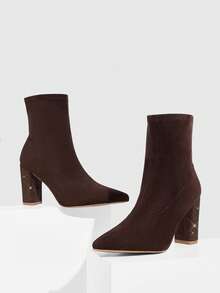 CUCCOO SZL Women's Fashionable Versatile Commuter Rhinestone Decor Chunky High Heel Ankle Boots For Christmas - Coffee Brown - View 4