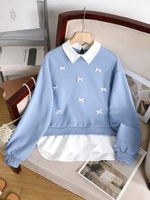 SHEIN Áo nỉ nữ tuổi teen cổ sơ mi phối nhiều mảnh, trang trí nơ, tay dài, kiểu chui đầu, co giãn, thích hợp cho mùa thu/đông. - Màu xanh lam - Xem 4