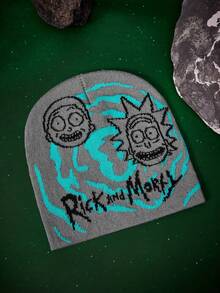 Rick and Morty X SHEIN 1顶卡通图案针织帽，保暖，街头风，时尚