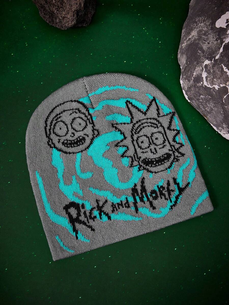 Rick and Morty X SHEIN 1顶卡通图案针织帽，保暖，街头风，时尚