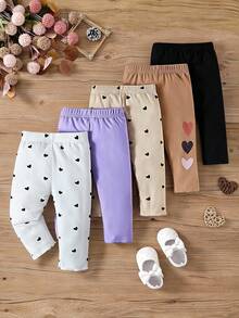 SHEIN Vintaside Kids Set de 5 leggings con diseño de corazón lindos para bebé niña, suaves, cómodos, elásticos, de piel amigable, esenciales para otoño/invierno, con opciones de multicolor - Morado - Ver 1