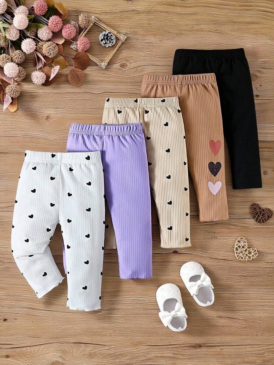 SHEIN Vintaside Kids Set de 5 leggings con diseño de corazón lindos para bebé niña, suaves, cómodos, elásticos, de piel amigable, esenciales para otoño/invierno, con opciones de multicolor - Morado - Ver 1