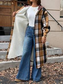 Siren Gaze 女士休闲学院风格子印花保暖连帽长外套，保暖撞色设计，适合日常通勤，秋冬季穿着 - 彩色 - 查看 7